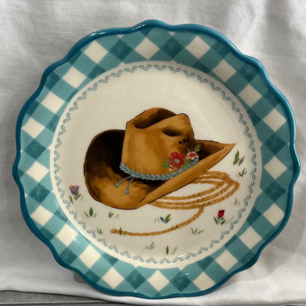 New! Pioneer Woman Novelty Appetizer Plates Gingham Cowboy Hat